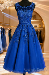 Royal Blue Tulle Tea Length Applique Round Neckline Formal Dresses, Blue Wedding Party Dresses